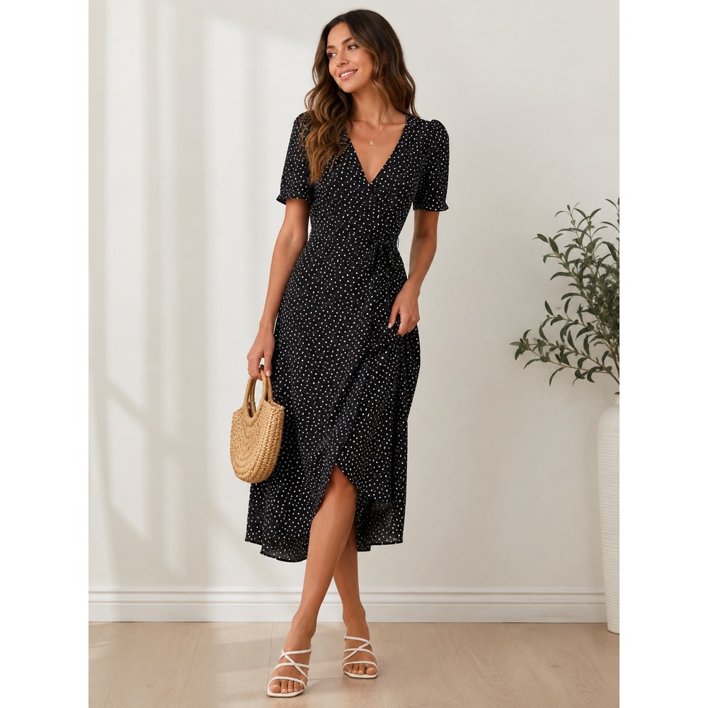 PRETTYGARDEN Wrap Midi Dress Polka Dot Women L Black Ruffle Summer Casual
